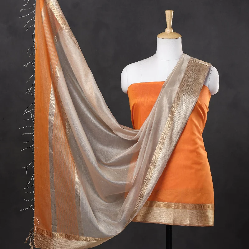 Limited Time Discount Orange - 2pc Maheshwari Silk Handloom Suit Material Set with Resham Zari Border