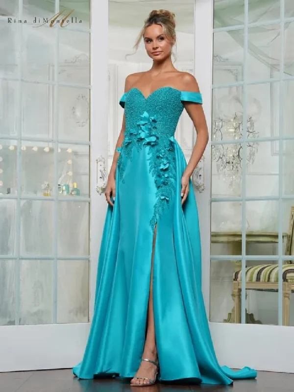 While Supplies Last Rina di Montella RD3229 Beaded 3D Floral Long Plus Size Formal Dress
