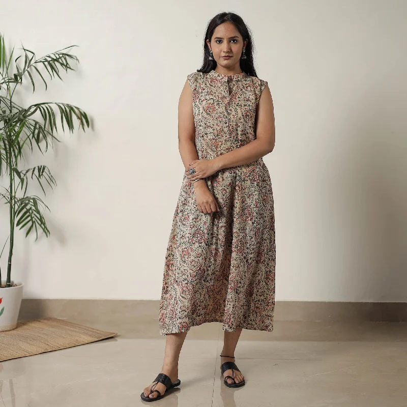 Final Clearance Beige - Pedana Kalamkari Block Printed Cotton Dress 16
