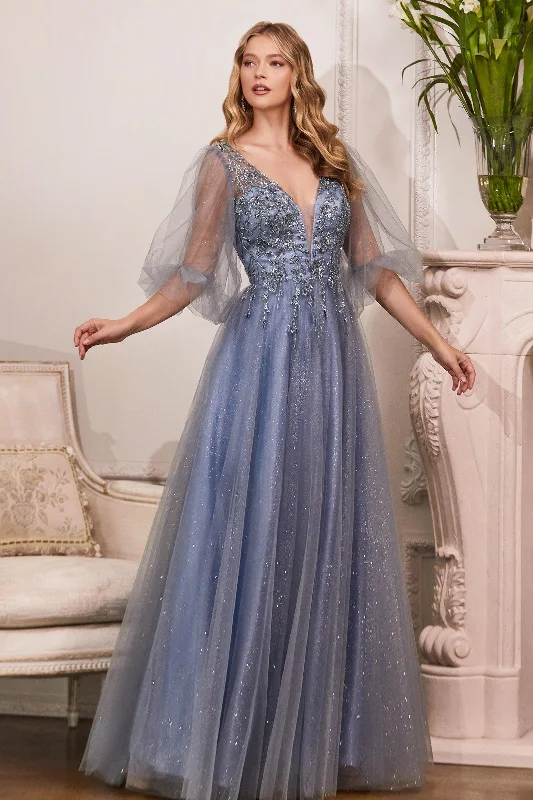 Price Reduction Cinderella Divine CD0182 Long Sleeve Mother of the Bride Long Tulle Dress Smoky Blue