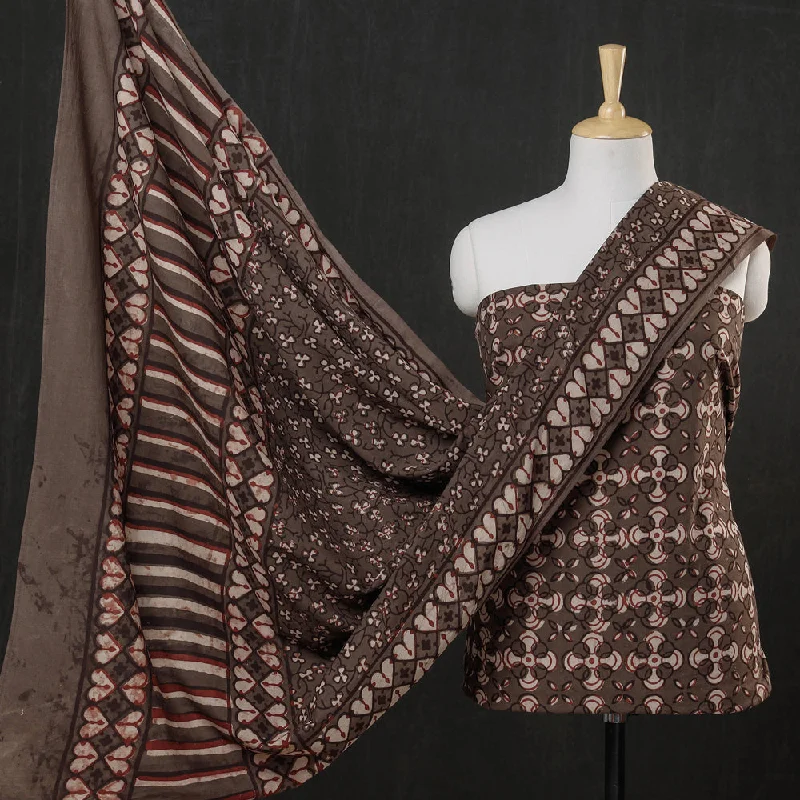 Don’t Miss Out Brown - 3pc Cotton Block Printed Pipad Dress Material Set