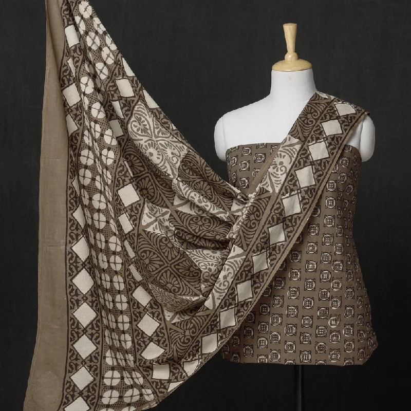 Limited Time Discount Brown - 3pc Cotton Block Printed Pipad Dress Material Set
