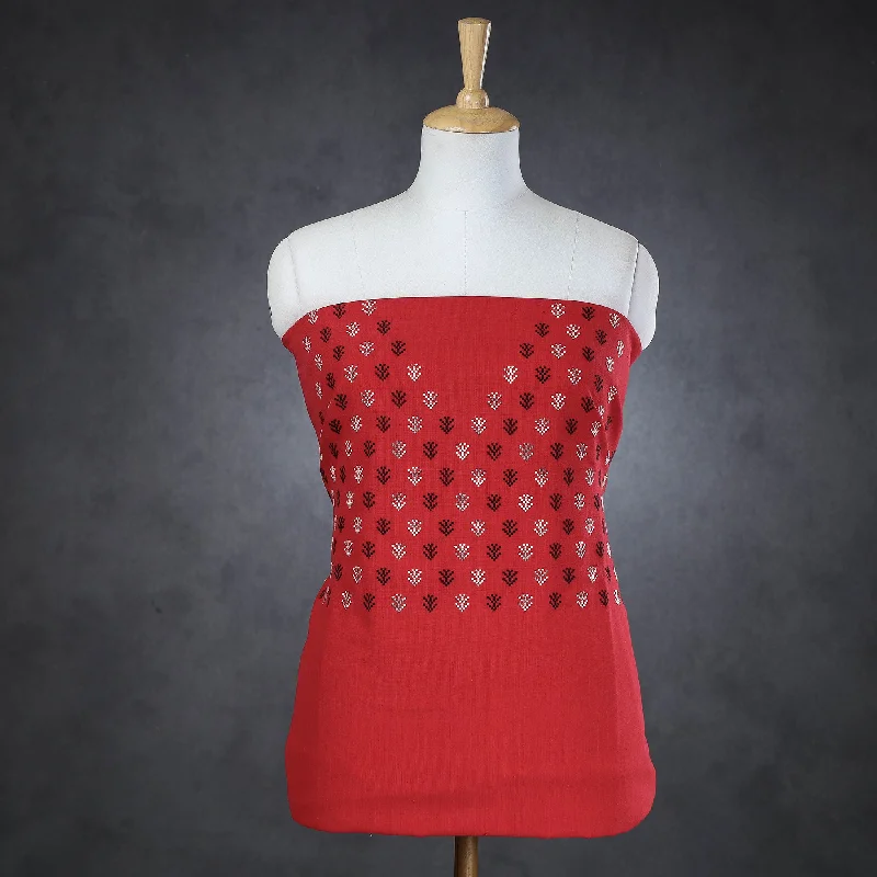 Value Deals Red - Kashida Stitch Pure Handloom Cotton Kurta Material - 3 meter