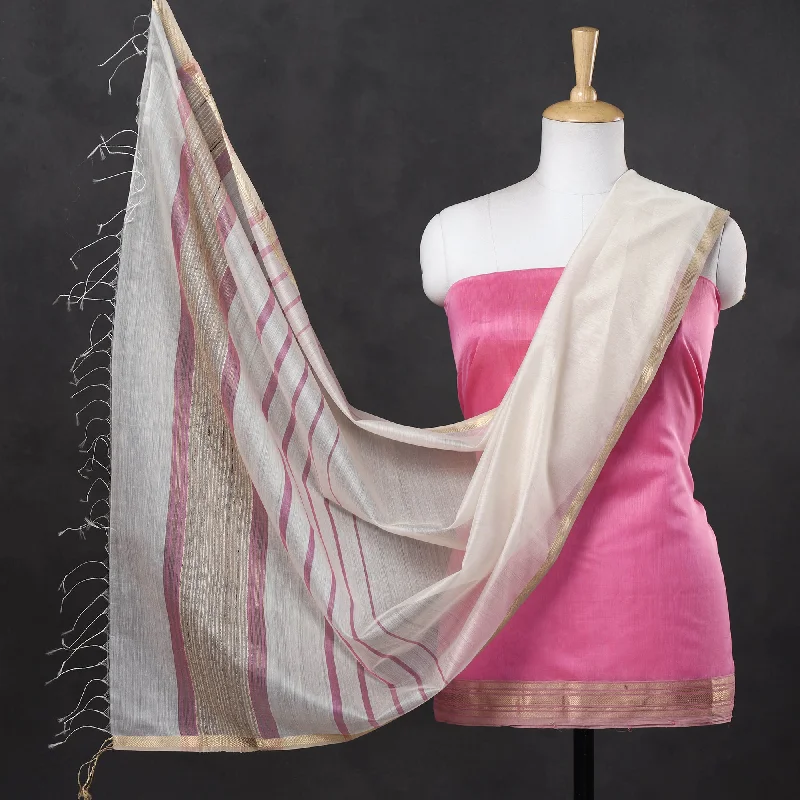 Low Prices Pink - 2pc Maheshwari Silk Handloom Suit Material Set with Zari Border