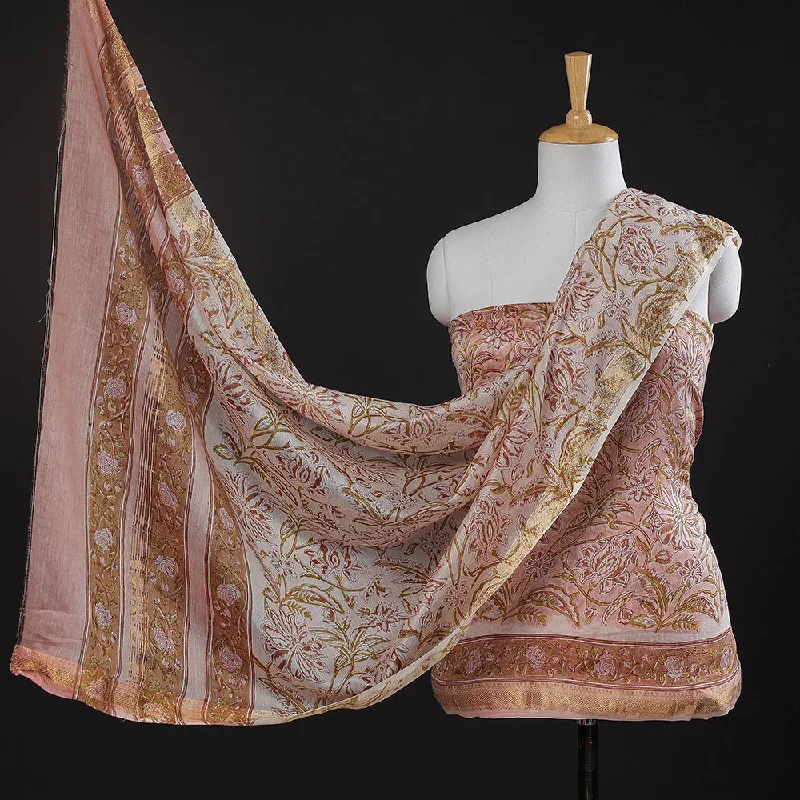 Price Rollback Peach - 3pc Sanganeri Block Printed Maheshwari Silk Suit Material Set
