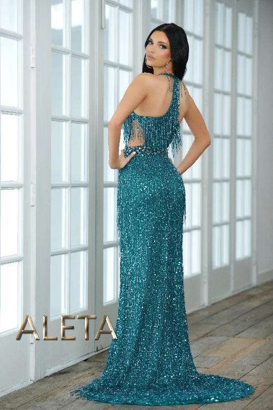 Major Savings Aleta 662 Long Sequin Fringe Formal Prom Dress Bright Teal