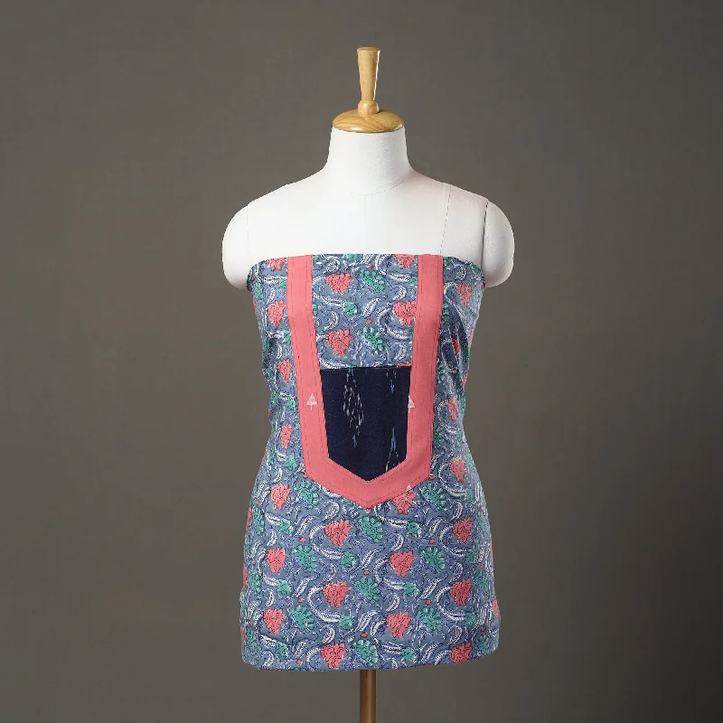 Today’s Deal Blue - Sanganeri Block Print Patchwork Kurta Material (3m) 10