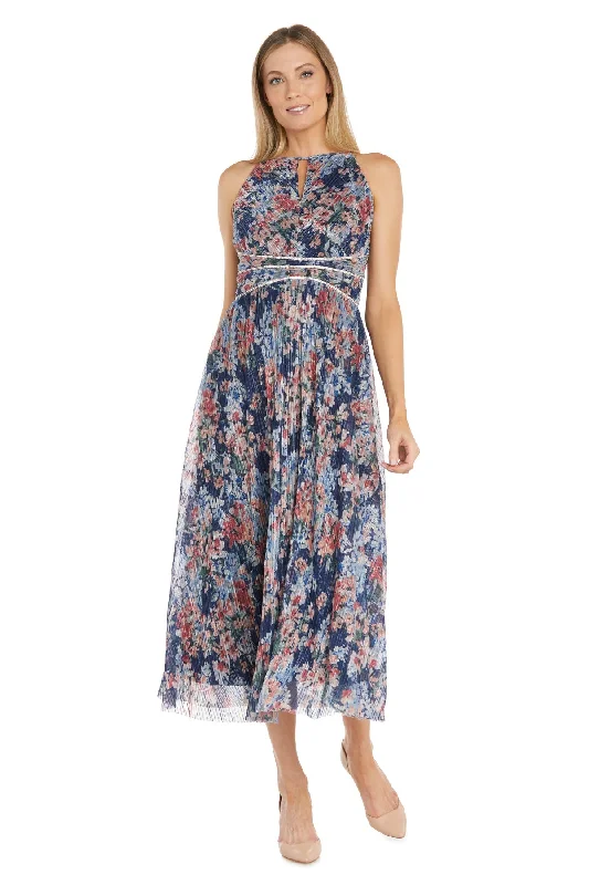 New Deals R&M Richards 1112 Floral Print Metallic Formal Tea Length Dress