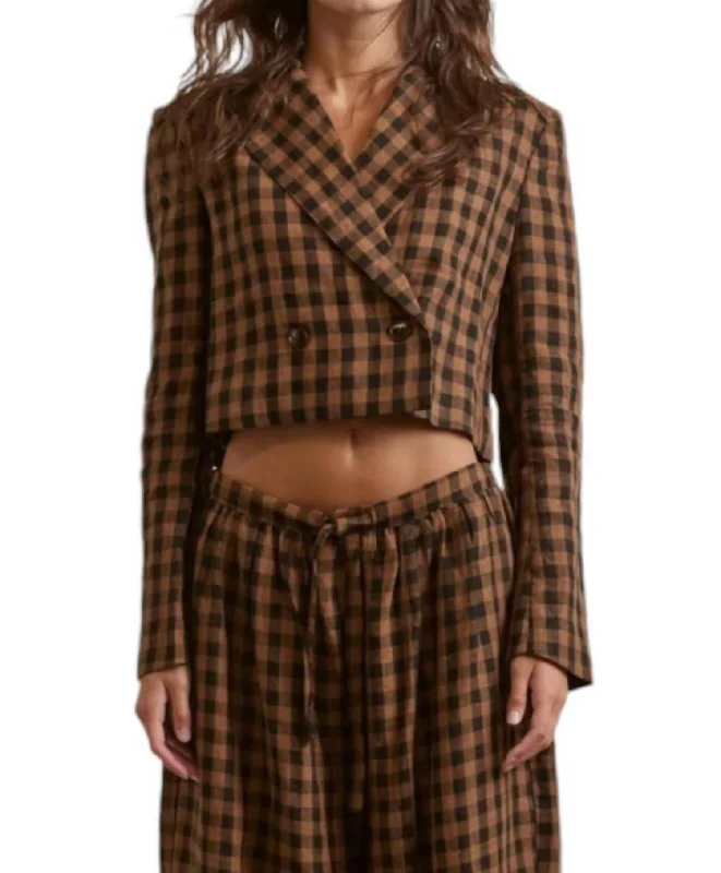 Limited Edition Cropped Plaid Linen Jacket In Brown