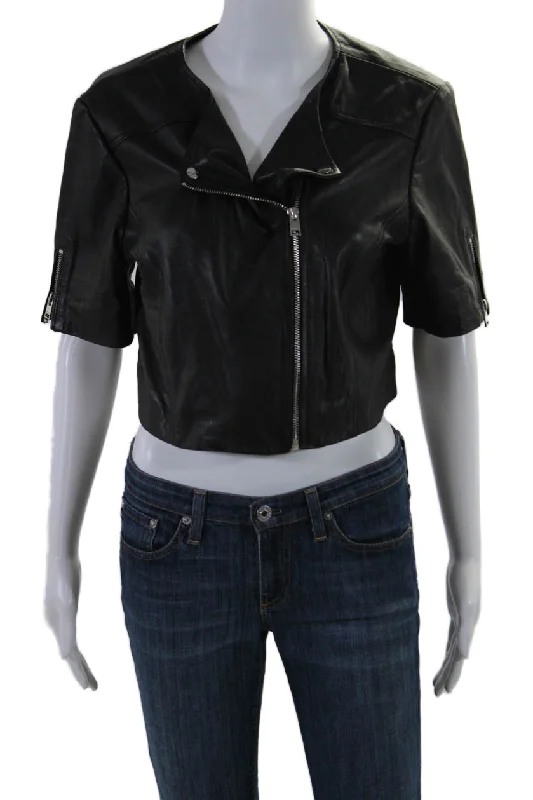 Price Break LaMarque Womens Black Leather Zip Up Short Sleeve Motorcycle Jacket