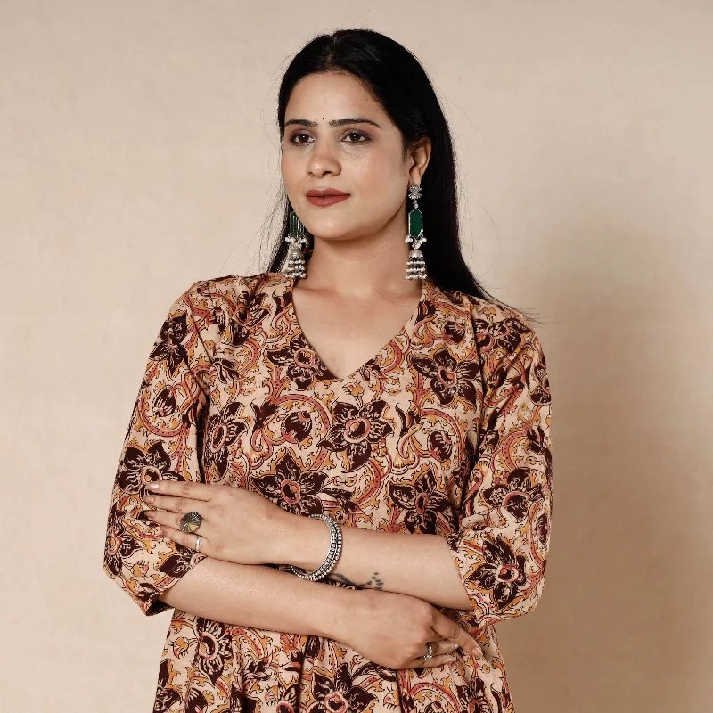 Markdowns Brown - Kalamkari Block Printed Cotton Flared Gher Dress