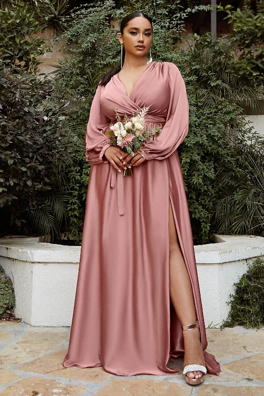 Seasonal Clearance Cinderella Divine 7475C Plus Size Formal Long Sleeve Satin Dress Rose Gold