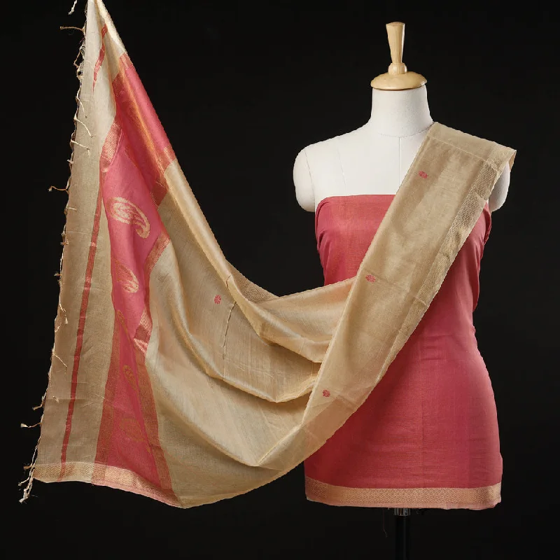 Price Cut Pink - 2pc Maheshwari Silk Handloom Suit Material Set with Narmada Lehar Zari Border