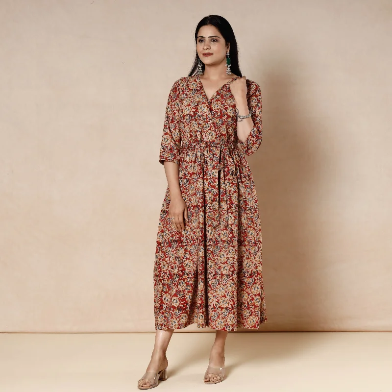Blowout Sale Red - Kalamkari Block Printed Cotton Flared Dress