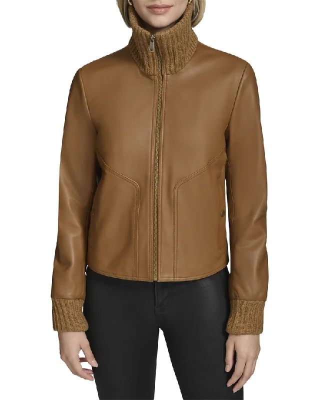 Shop and Save Andrew Marc Black Label Beatrix Rib-Knit Trimmed Leather Jacket