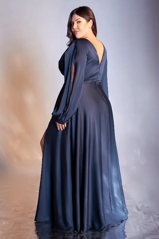 Overstock Sale Cinderella Divine 7475C Plus Size Formal Long Sleeve Satin Dress Navy