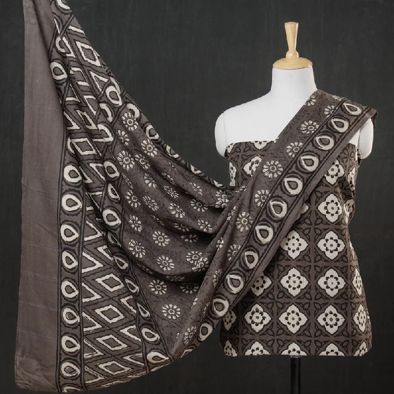 Super Savings Brown - 3pc Cotton Block Printed Pipad Dress Material Set