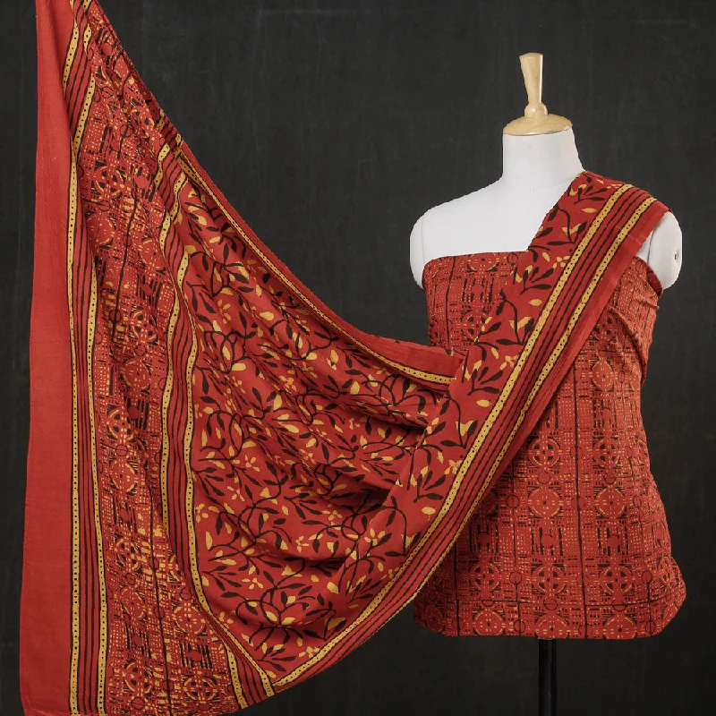 Savings Alert Red - 3pc Cotton Block Printed Pipad Dress Material Set