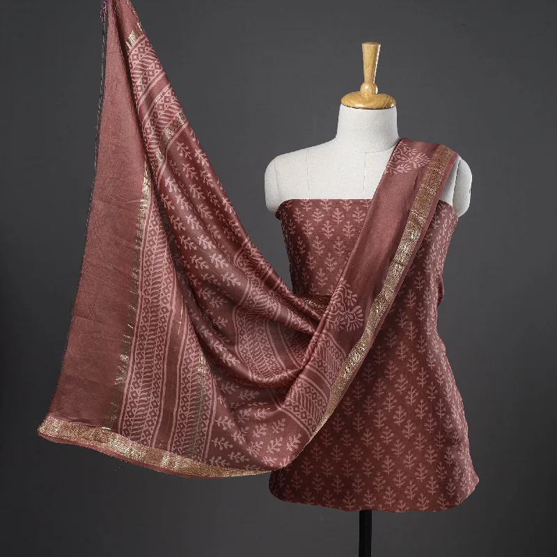 Today’s Deal Brown - 3pc Maheshwari Silk Bagru Print Dress Material 13