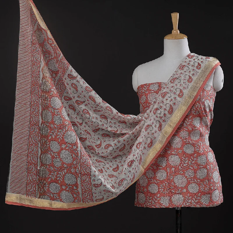 Final Clearance Pink - 3pc Sanganeri Block Printed Maheshwari Silk Suit Material Set
