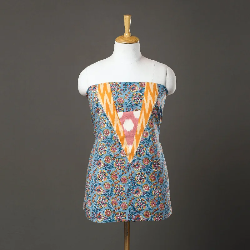 Deal Alert Blue - Sanganeri Print Cotton Patchwork Kurta Material (3m) 08
