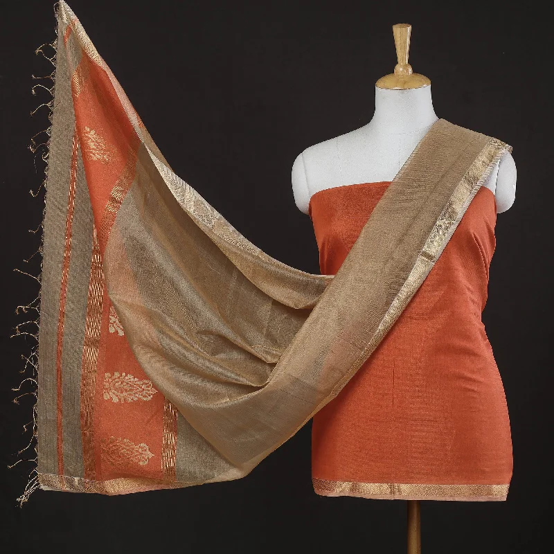 Act Fast Orange - 2pc Maheshwari Silk Cotton Zari Work Handloom Suit Material Set