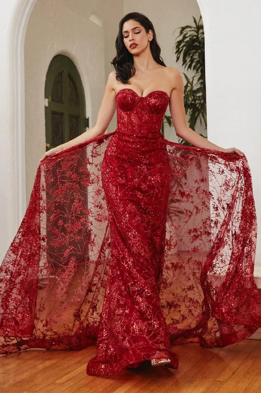 Huge Discounts Cinderella Divine CB046 Long Floral Prom Dress Deep Red