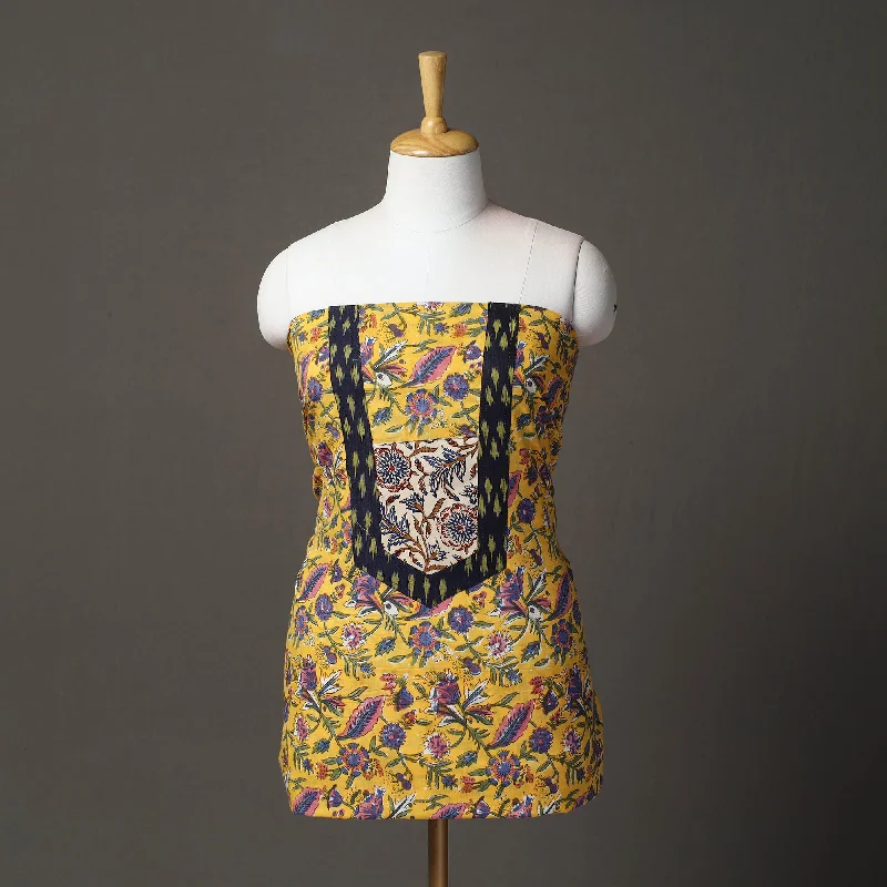 Quick Sale Yellow - Sanganeri Block Print Patchwork Kurta Material (3m) 13