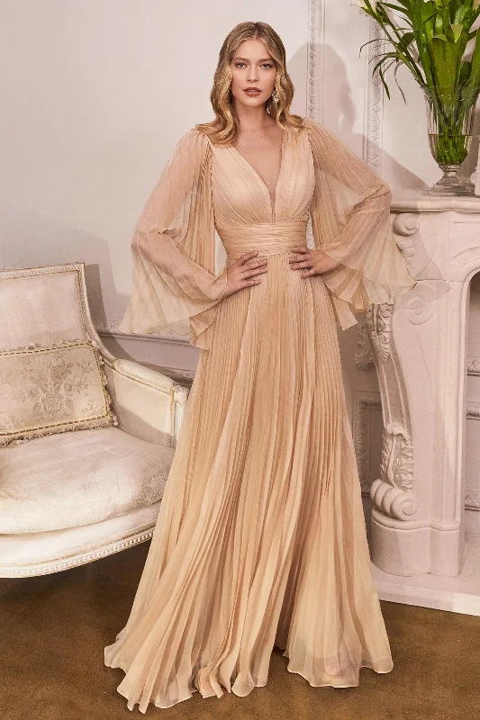Online Only Cinderella Divine CD242 Long Sleeve Pleated Formal Prom Dress Champagne