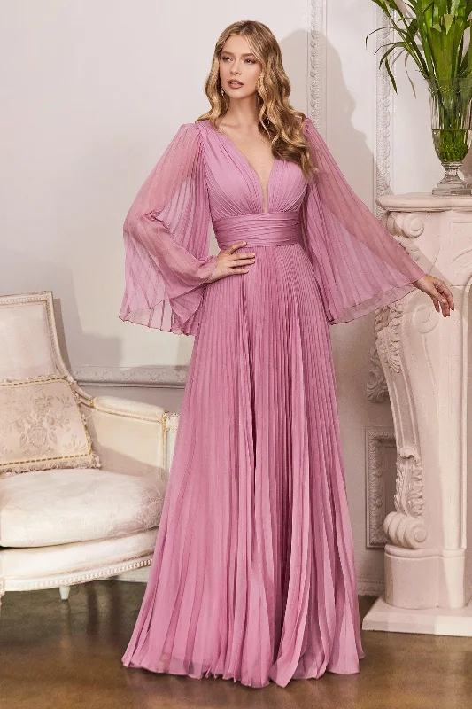 Reduced Prices Cinderella Divine CD242 Long Sleeve Pleated Formal Prom Dress Blossom Pink