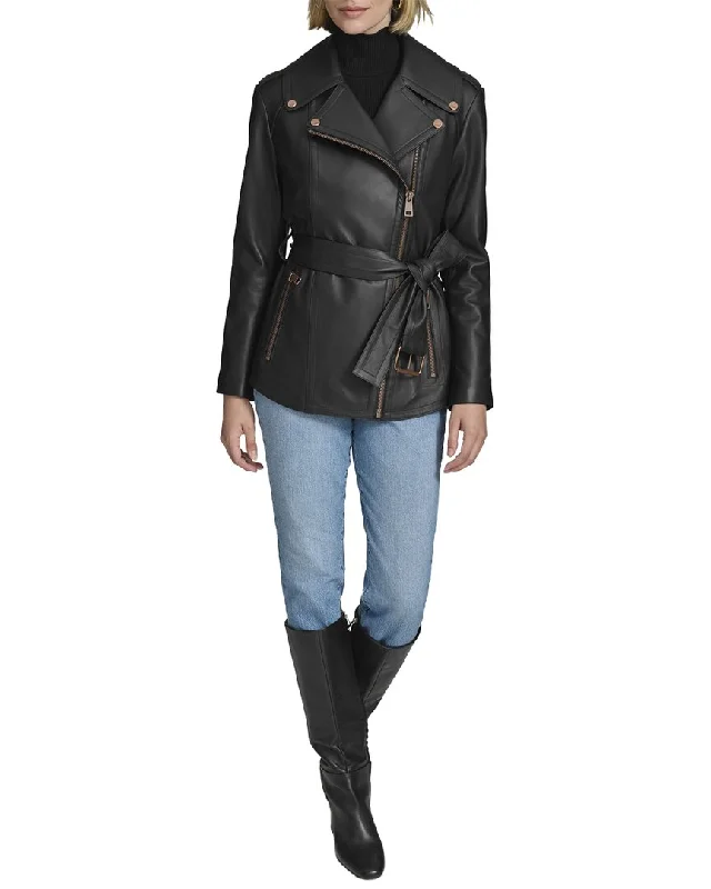 Price Rollback Andrew Marc Black Label Delphine Belted Leather Moto Jacket