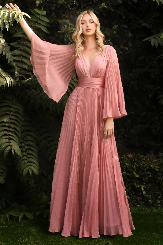 Price Rollback Cinderella Divine CD242 Long Sleeve Pleated Formal Prom Dress Rose Gold