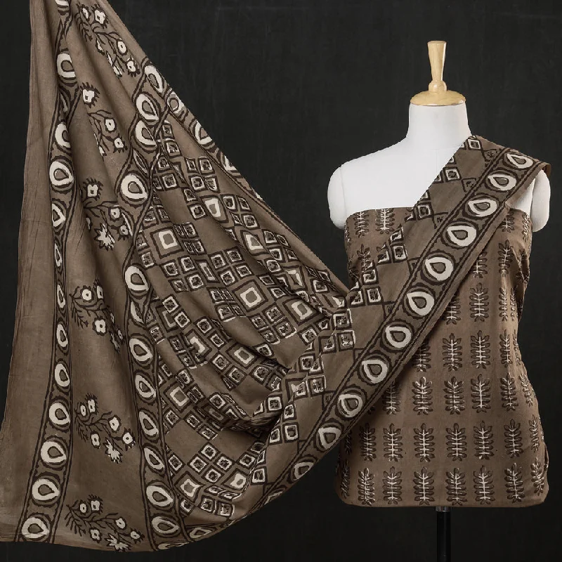 Price Reduction Brown - 3pc Cotton Block Printed Pipad Dress Material Set