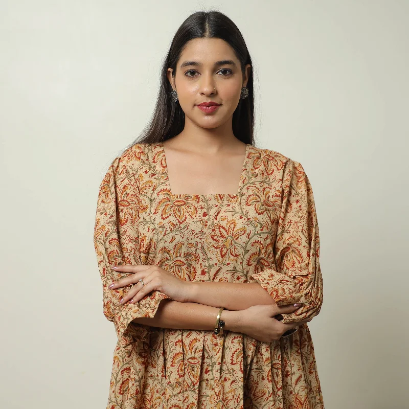 Sale Event Beige - Kalamkari Block Printed Cotton Tiered Dress 10