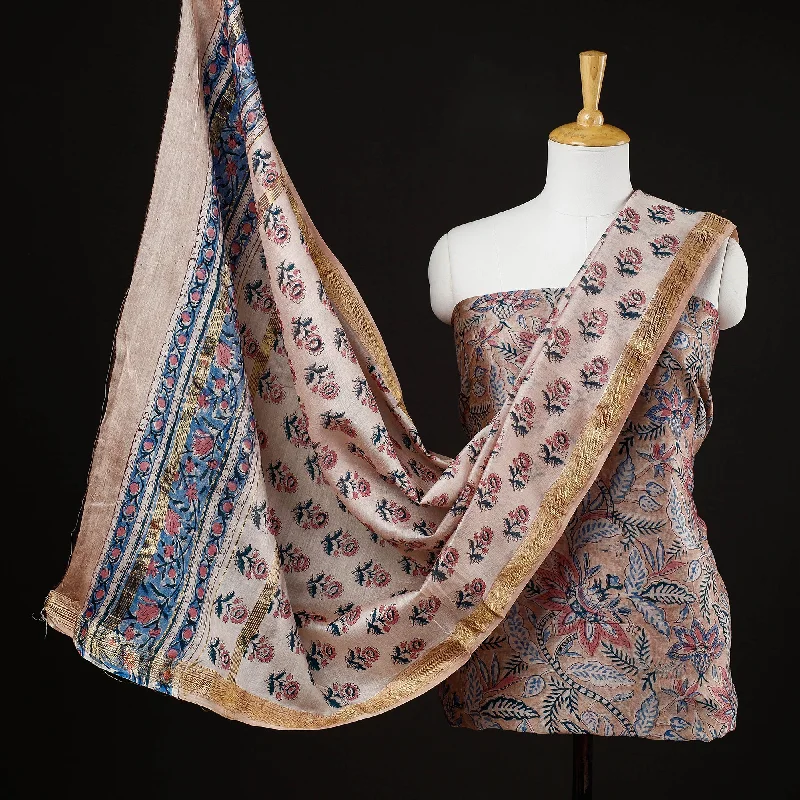 Take Advantage Brown - 3pc Sanganeri Block Printed Maheshwari Silk Suit Material Set