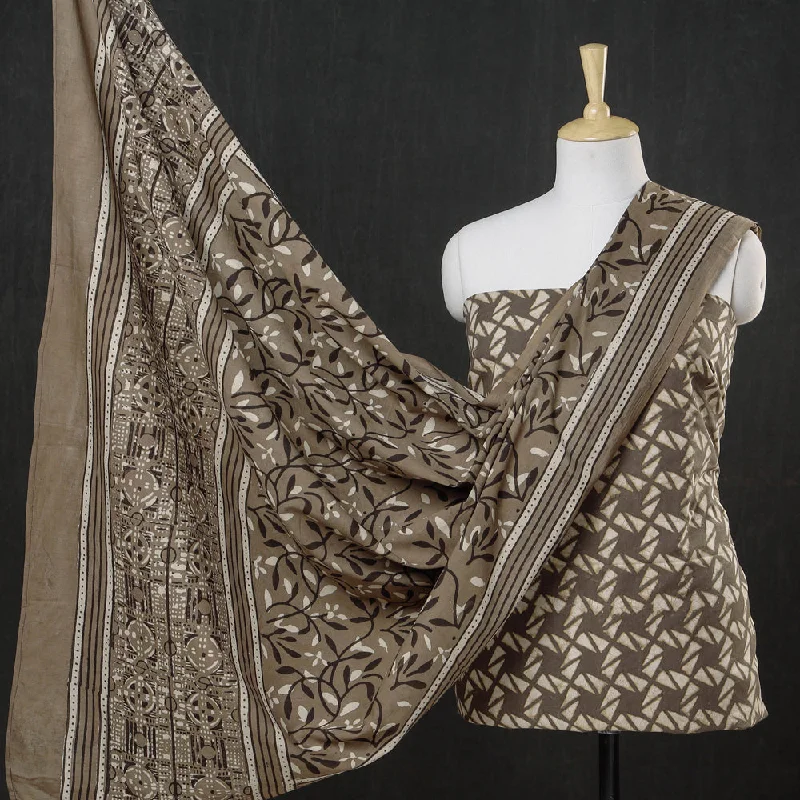 Price Blitz Brown - 3pc Cotton Block Printed Pipad Dress Material Set