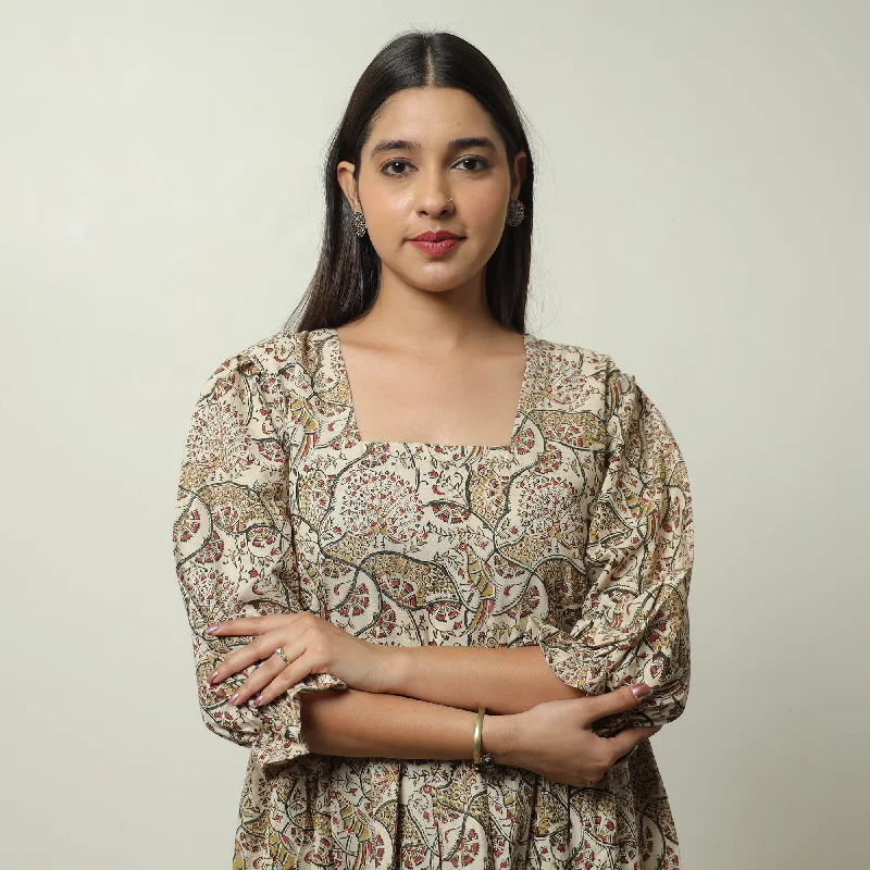 Can't Miss Beige - Pedana Kalamkari Block Printed Cotton Tiered Dress 06