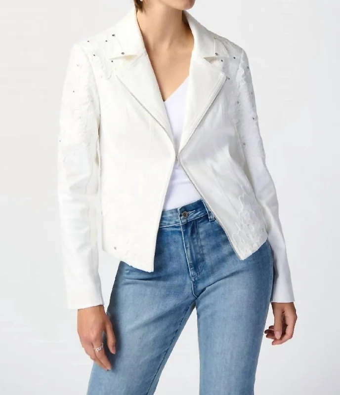 New Deals Studded Foiled Suede Jacket With Floral Appliqué In Vanilla