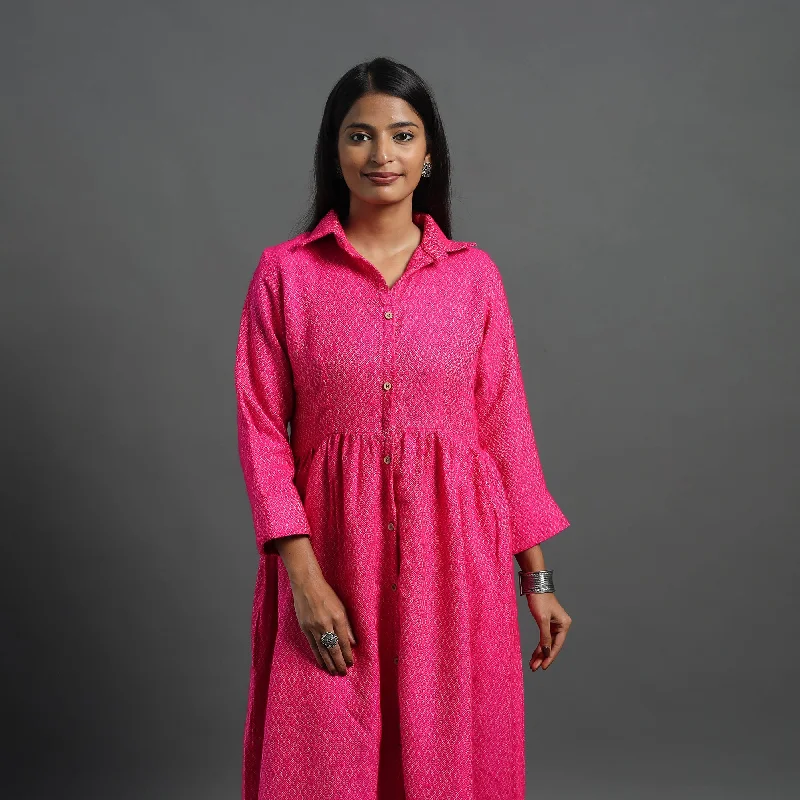 Online Exclusive Inayat Hot Pink Plain Button Down Woollen Dress 10