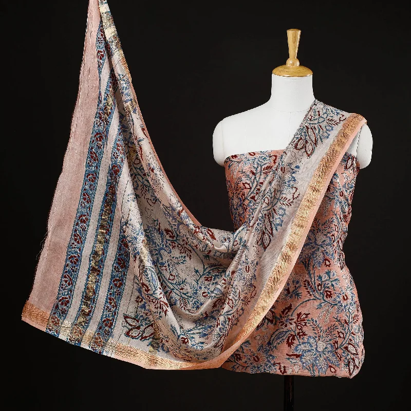 Value Deals Peach -3pc Sanganeri Block Printed Maheshwari Silk Suit Material Set