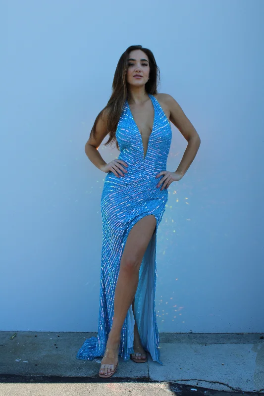 Online Only Aleta 1151 Fitted Long Formal Slit Prom Dress Unicorn Blue