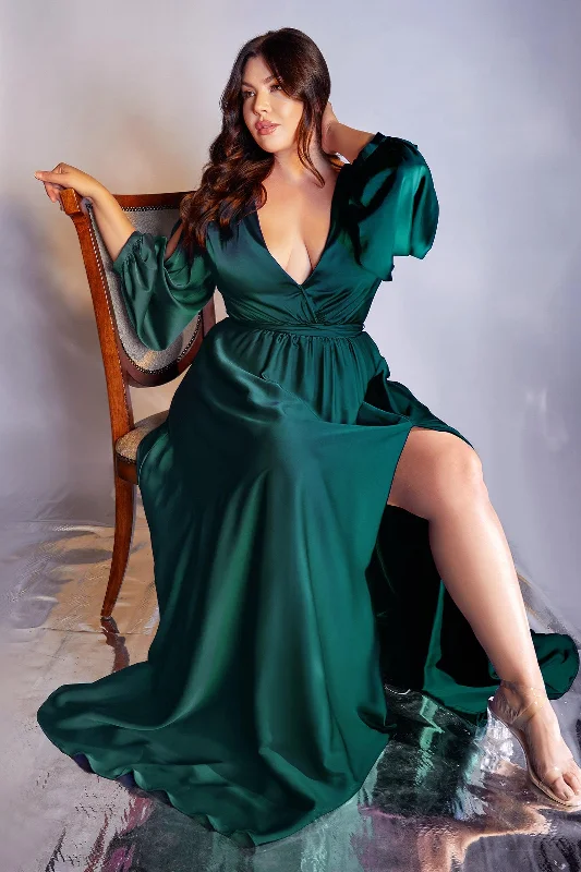 Deal Zone Cinderella Divine 7475C Plus Size Formal Long Sleeve Satin Dress Emerald