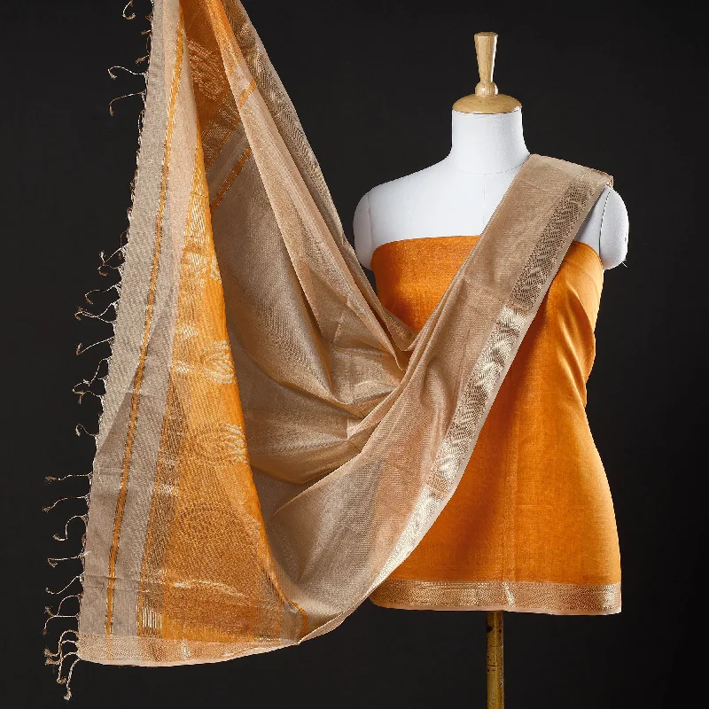 Fantastic Offers Orange - 2pc Maheshwari Silk Cotton Handloom Tissue Zari Work Suit Material Set