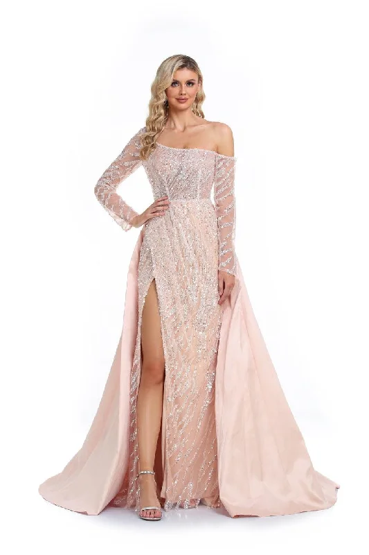 Act Now High Couture NR2273 Prom Long One Shoulder Formal Dress Champagne