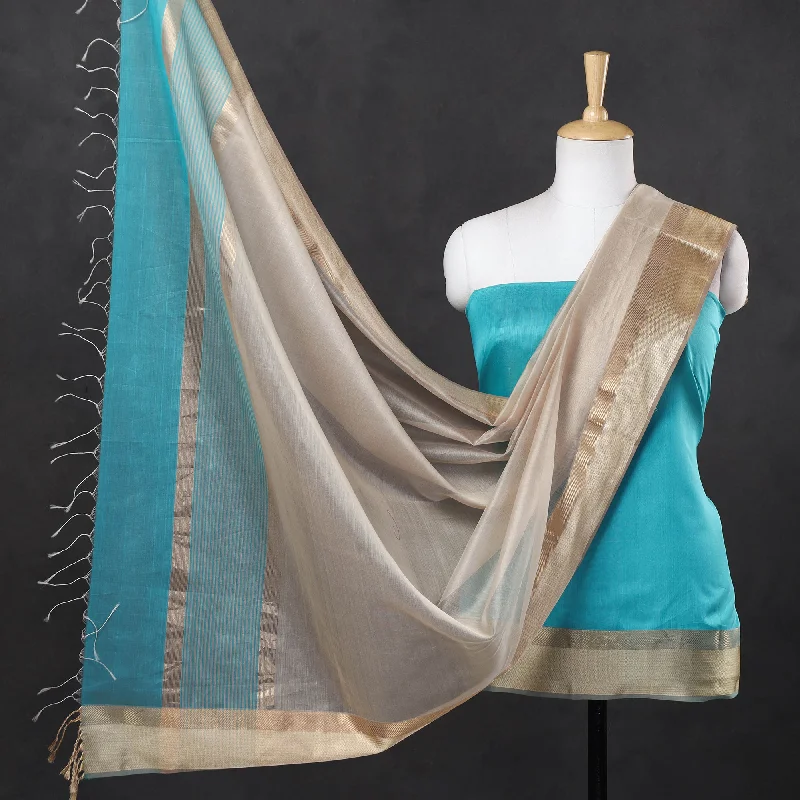 Sale Event Blue - 2pc Maheshwari Silk Handloom Suit Material Set with Resham Zari Border