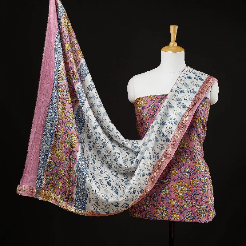 Special Offer Pink - 3pc Sanganeri Block Printed Maheshwari Silk Suit Material Set