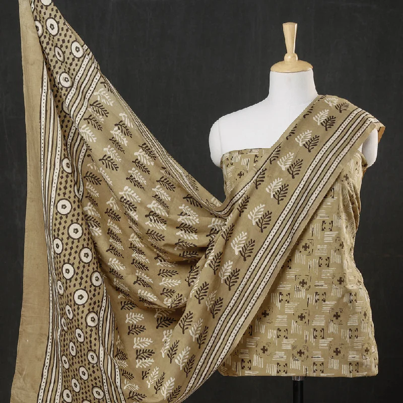 Great Deals Brown - 3pc Cotton Block Printed Pipad Dress Material Set