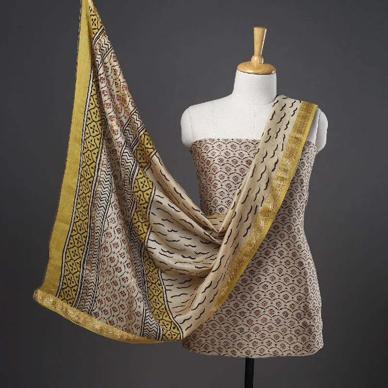 Price Buster Beige - 3pc Maheshwari Silk Bagru Print Dress Material 01