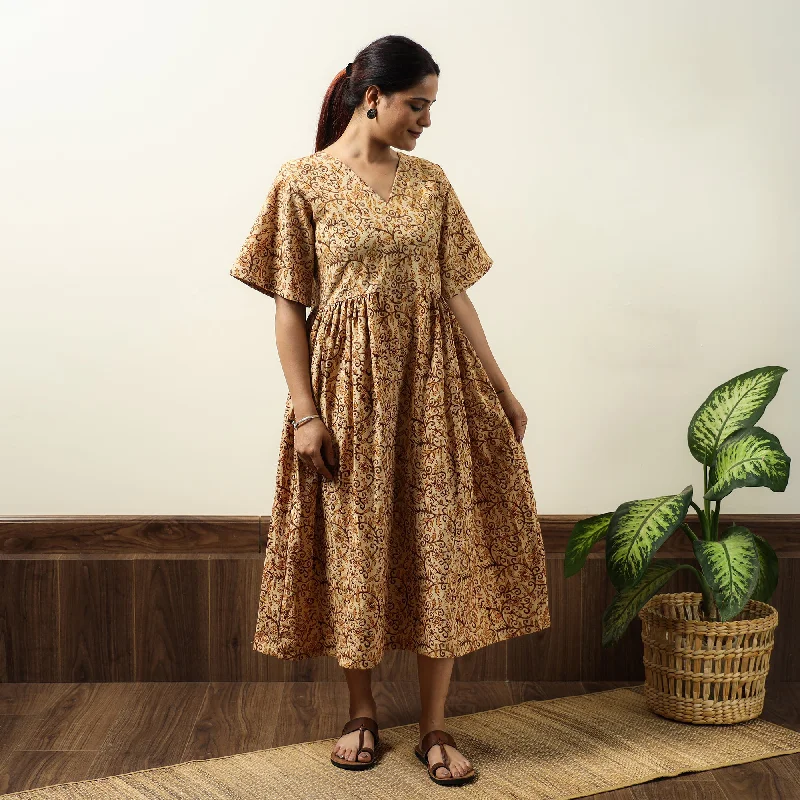 Final Clearance Beige - Kalamkari Block Printed Cotton Flared Gher Dress 06