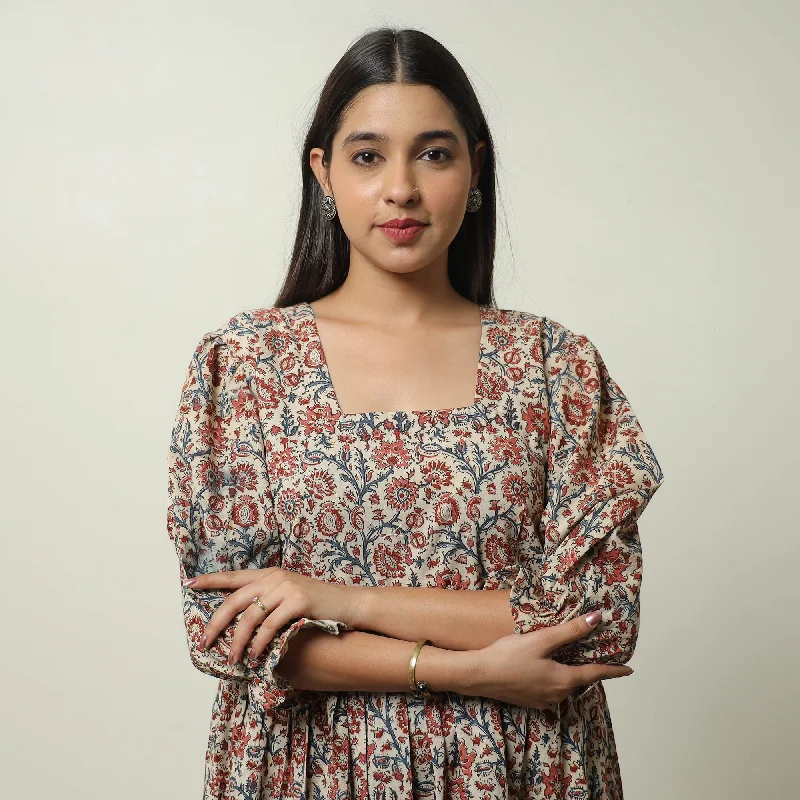 Final Sale Beige - Pedana Kalamkari Block Printed Cotton Tiered Dress 07
